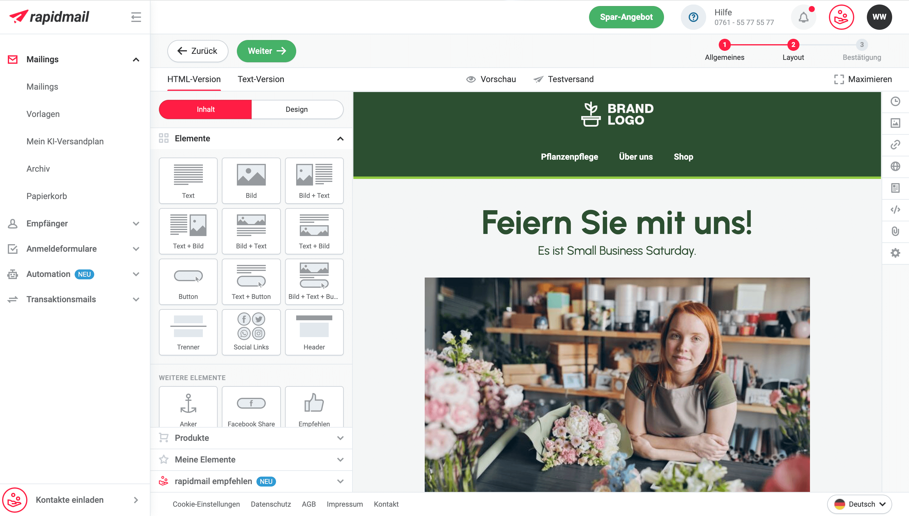 Beispielhafte Ansicht der Benutzeroberfläche des rapidmail Editors.