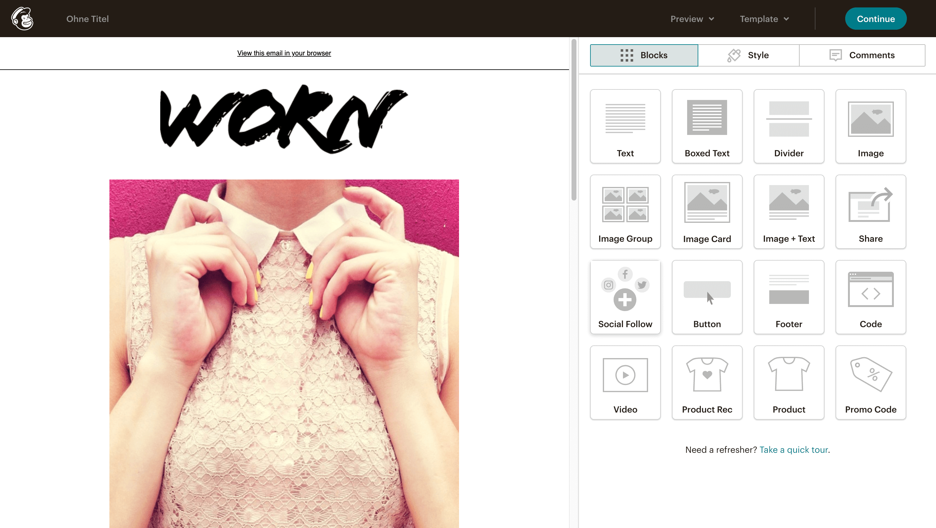 Beispielhafte Ansicht der Benutzeroberfläche des Mailchimp Editors.